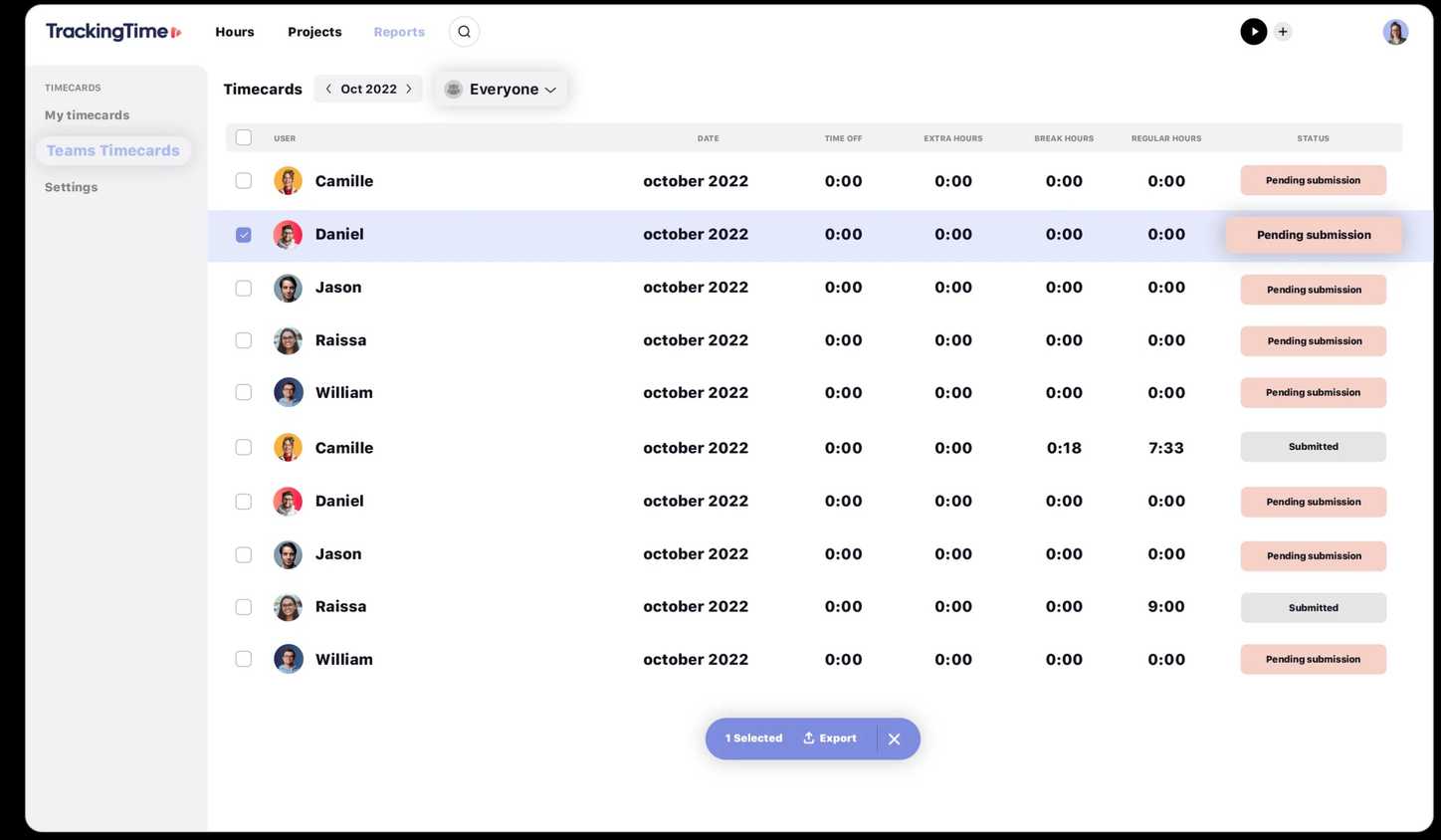 A screenshot showing TrackingTime timecards