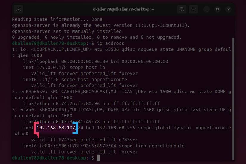 Ubuntu terminal showing the ip address command