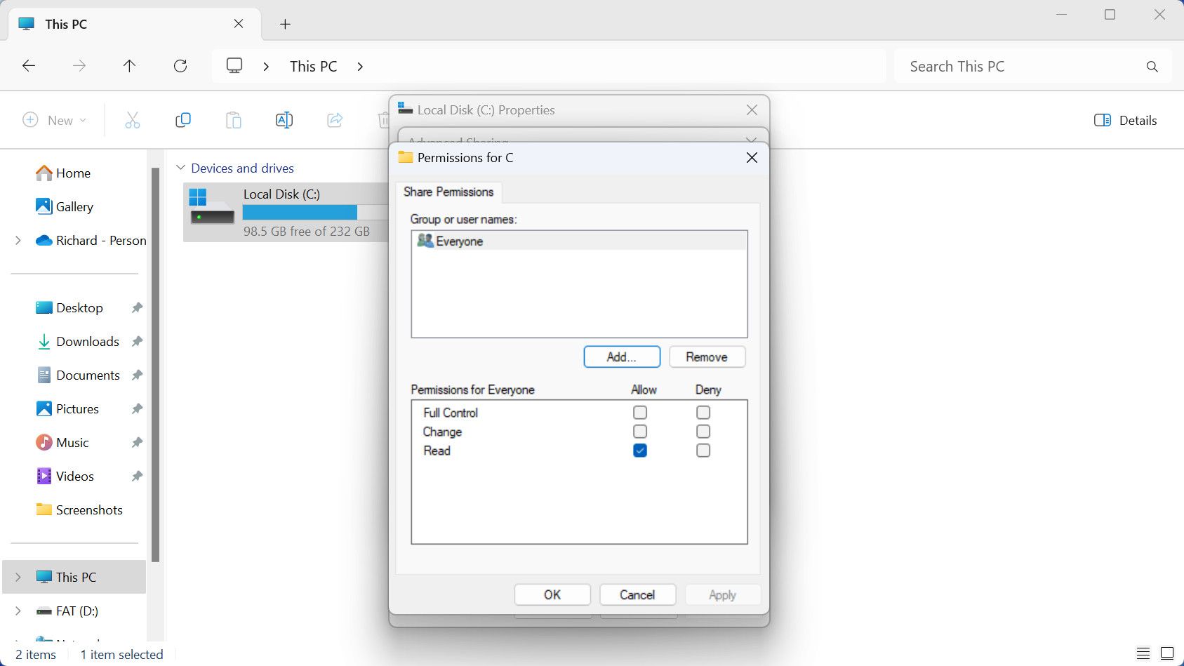 Windows 11 drive properties share permissions