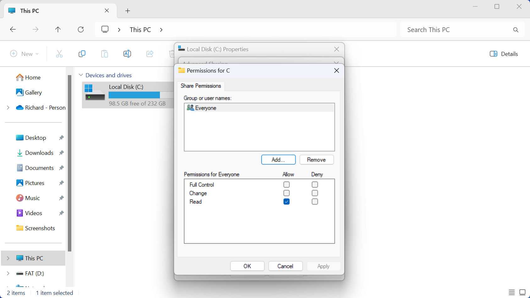 Windows 11 drive properties share permissions