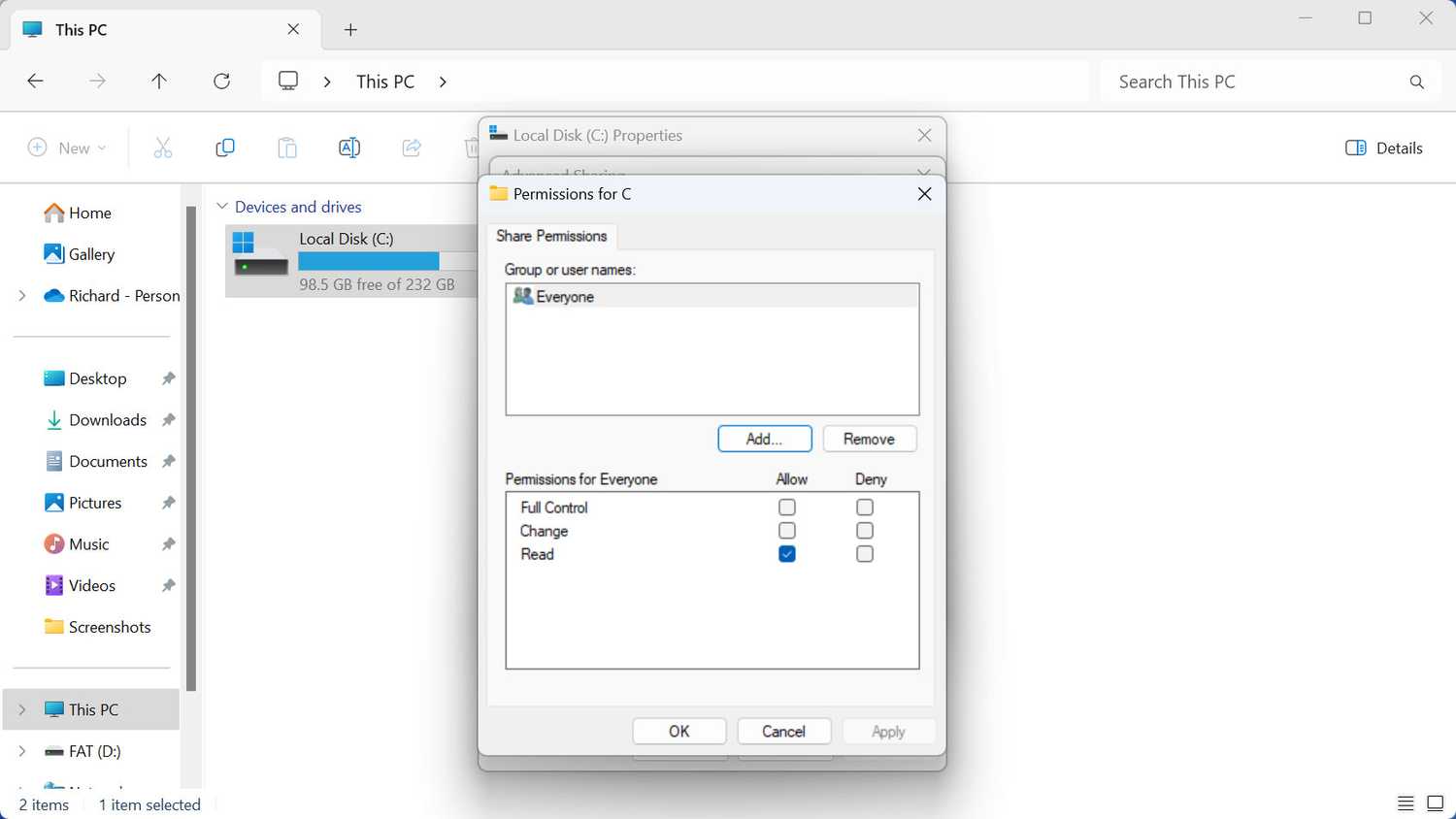 Windows 11 drive properties share permissions