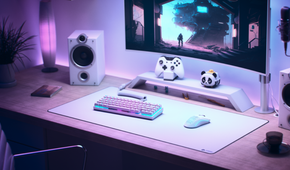 Glorious Model O- (Minus) Compact Wired Gaming Mouse on desk next to keyboard