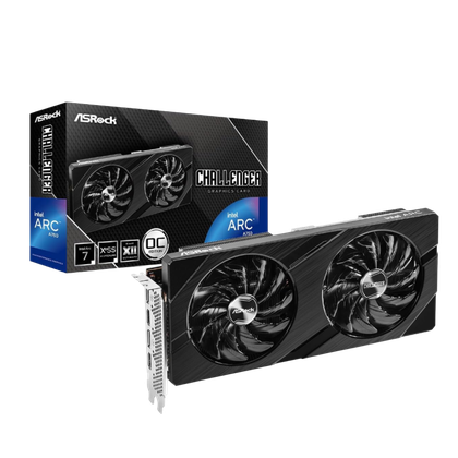 A transparent render of the ASRock Intel ARC A750 Challenger D GPU
