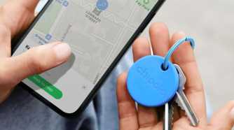 An image of a Blue Chipolo One next to a phone showing the Chipolo app