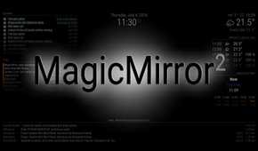 MagicMirror logo over a screenshot of a MagicMirror display