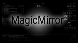 MagicMirror logo over a screenshot of a MagicMirror display