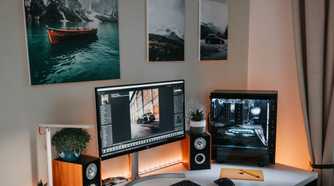 A PC setup with a PC, monitor, plant on the speaker, and some paintings on the wall