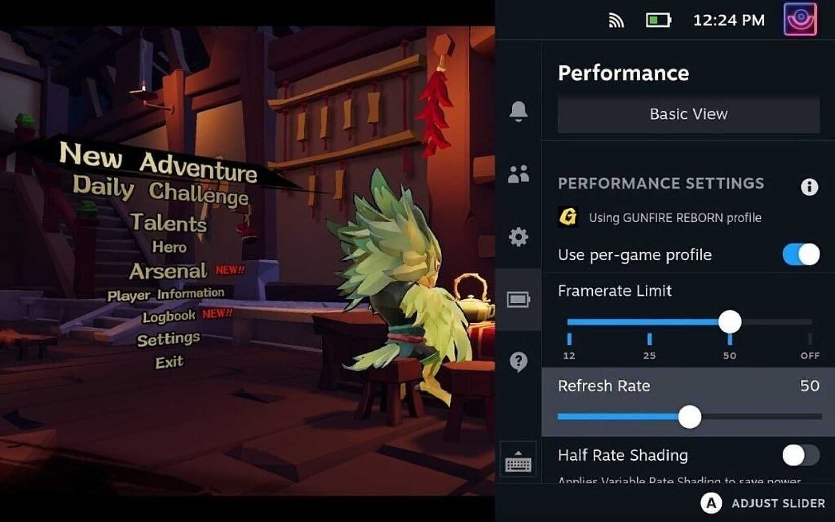 screenshot of steam deck performance menu with framerate limit options