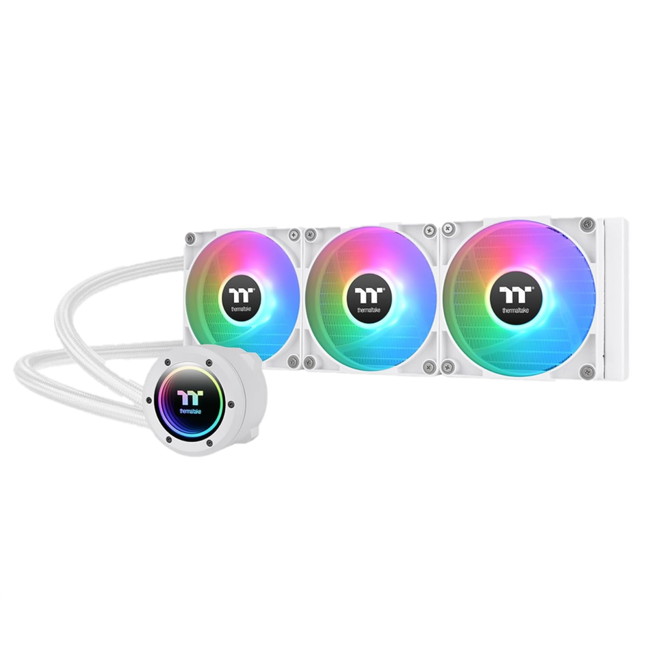 A Thermaltake CPU liquid cooler in white color