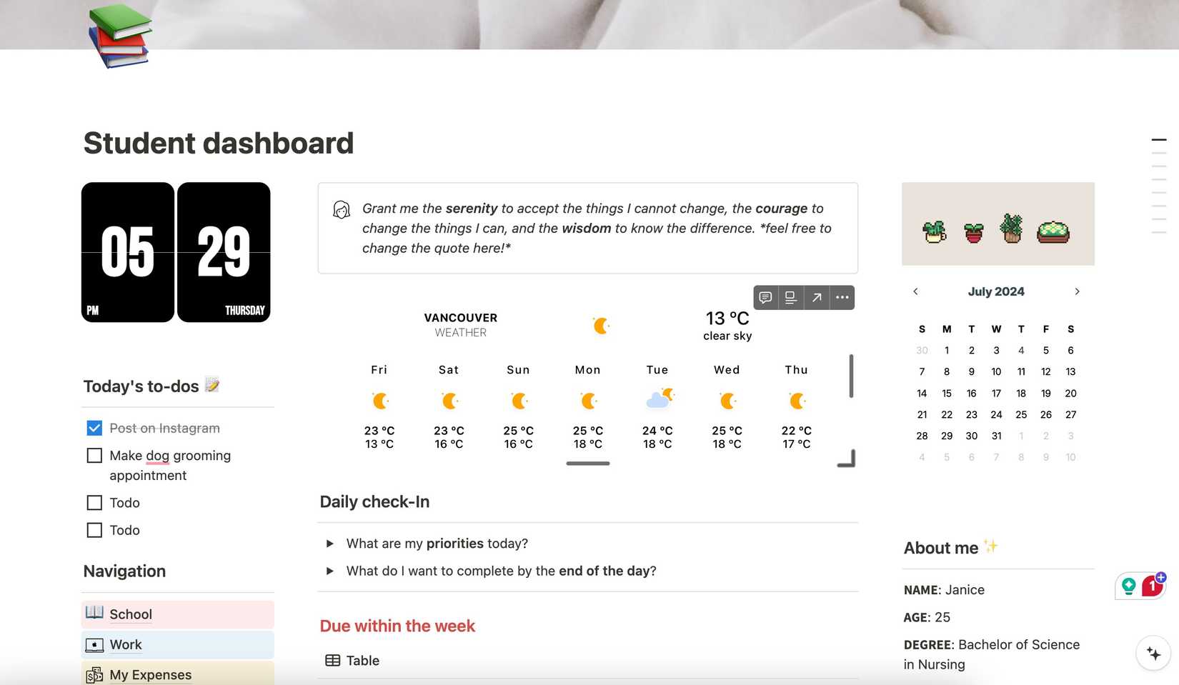 Student dashboard with widgets in Notion