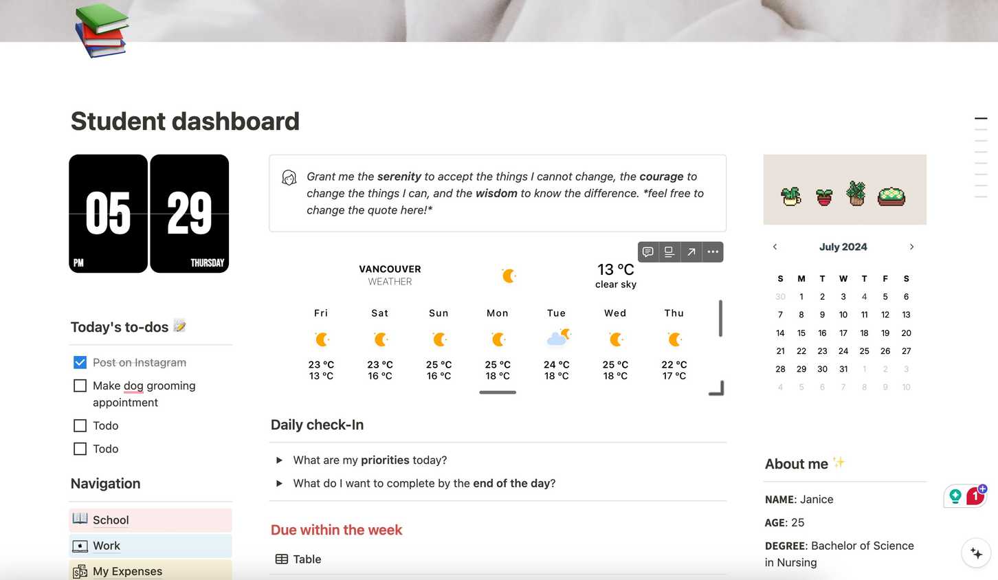 Student dashboard with widgets in Notion