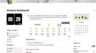Student dashboard with widgets in Notion