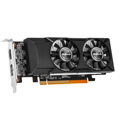 render of asrock radeon rx 550 low profile graphics card seen from a slight angle