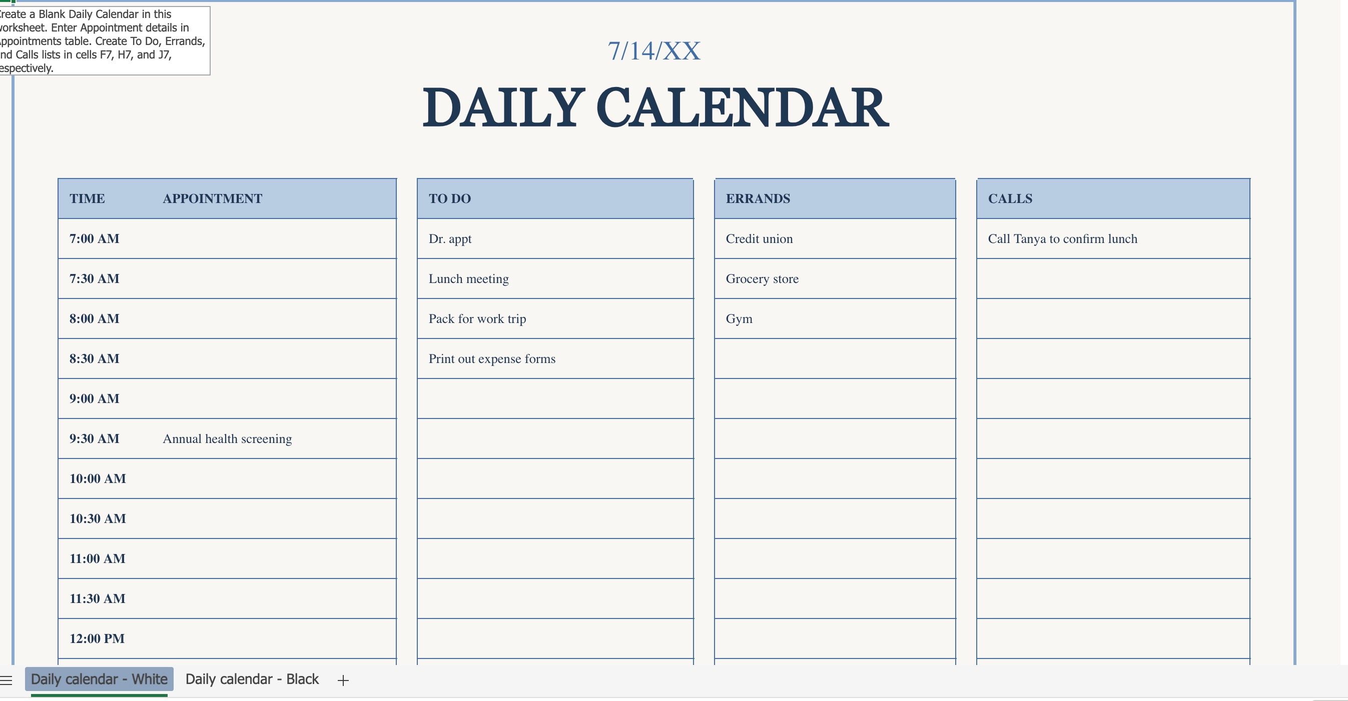 daily calendar excel template