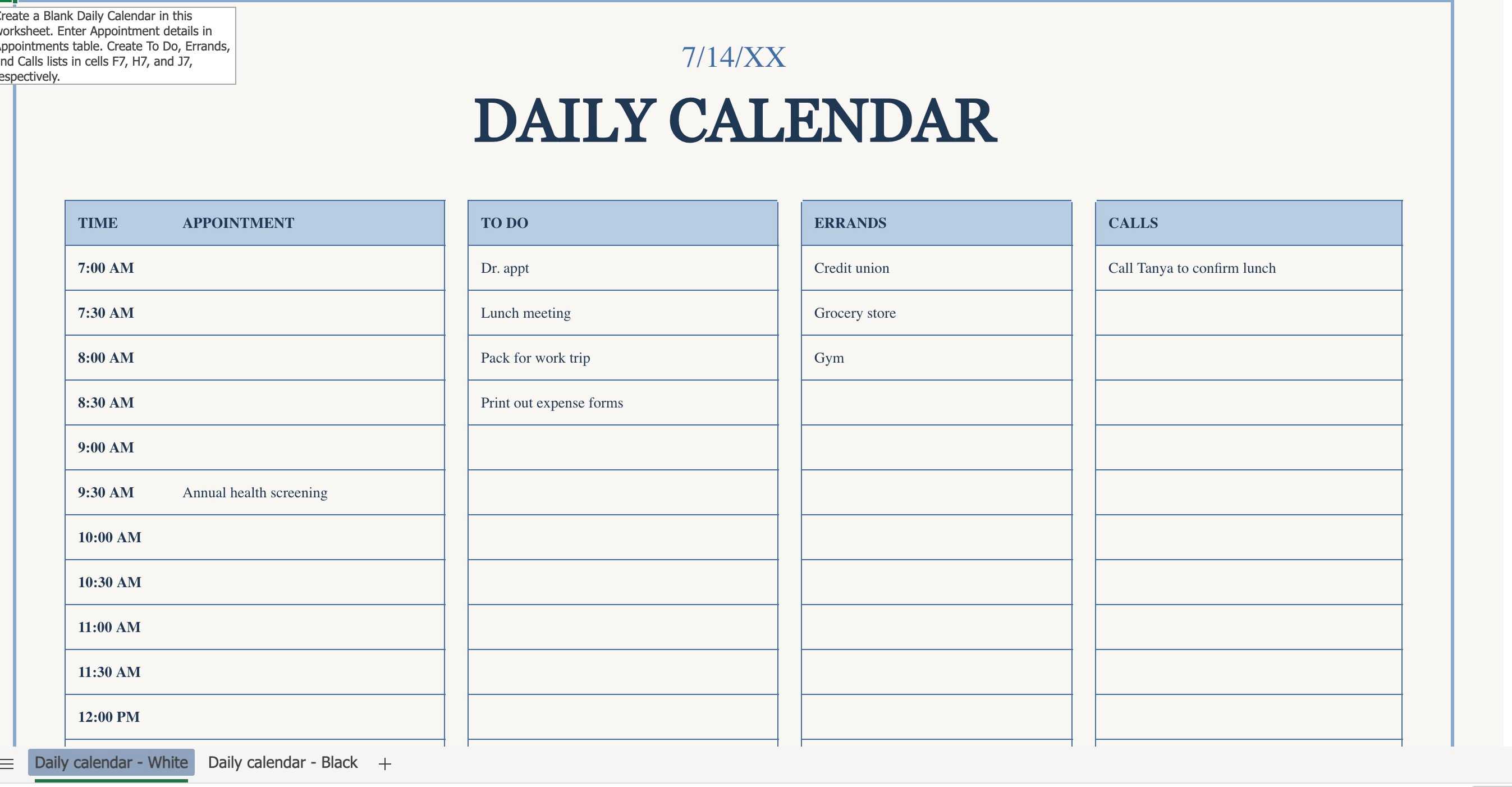 daily calendar excel template
