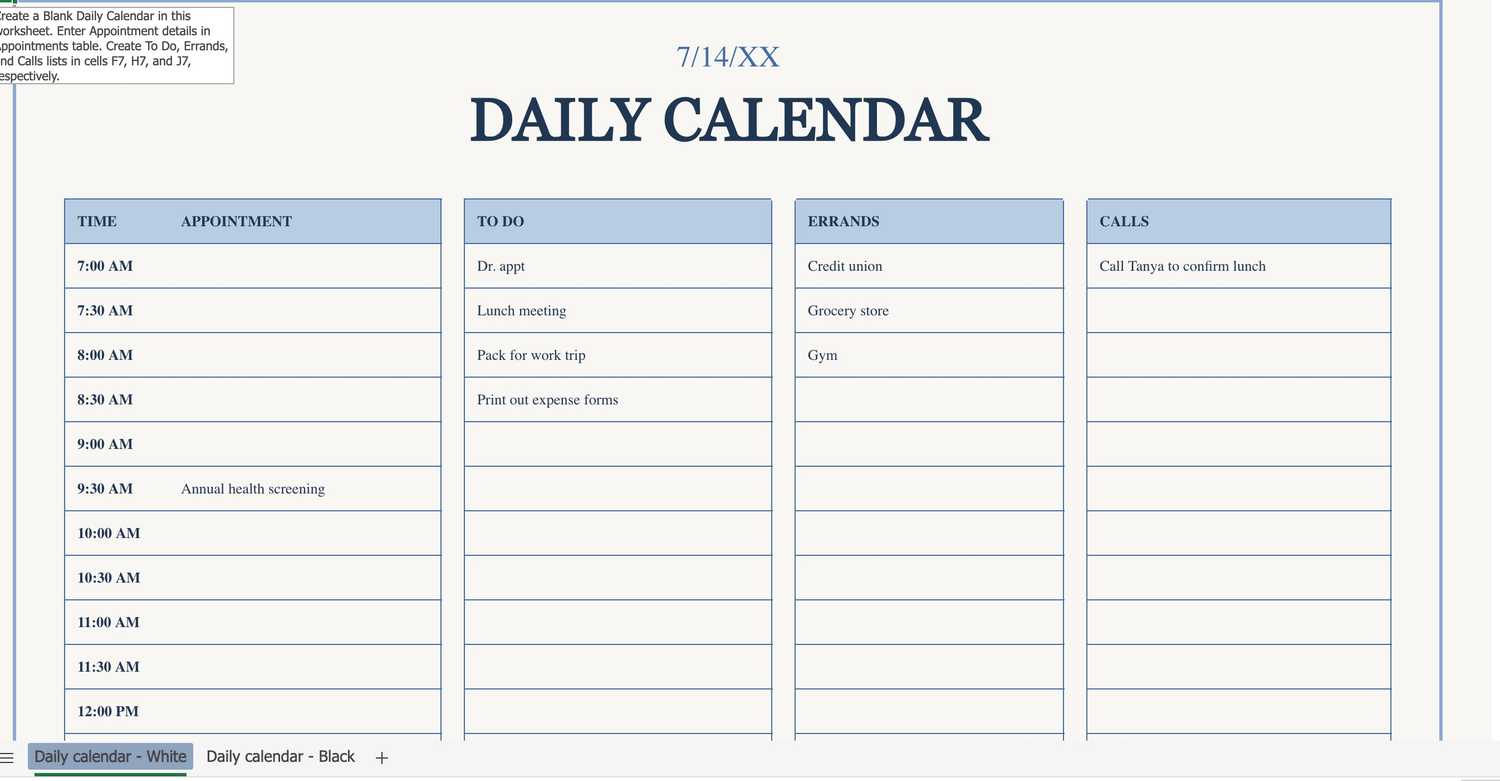 daily calendar excel template