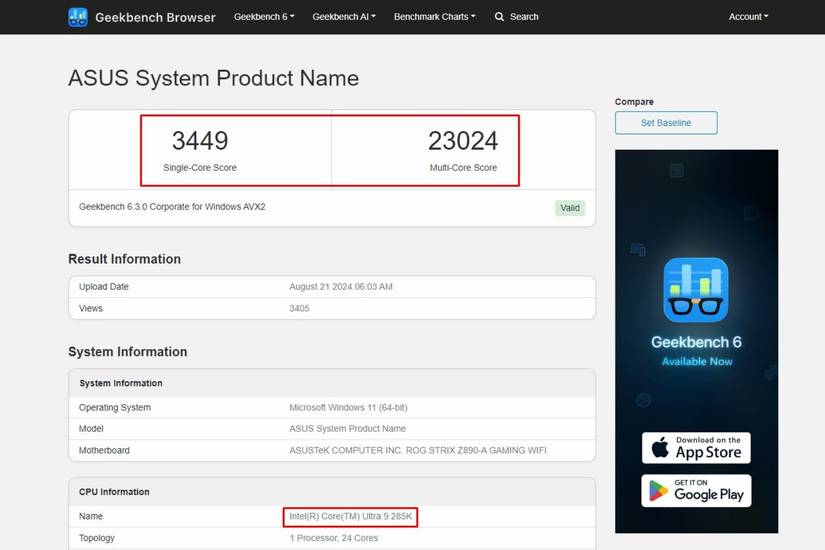 A Geekbench 6 benchmark highlighting the single and multi-core performance of the Core Ultra 9 285K