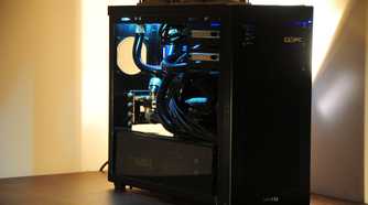 Side view of a black PC with an acrylic side panel