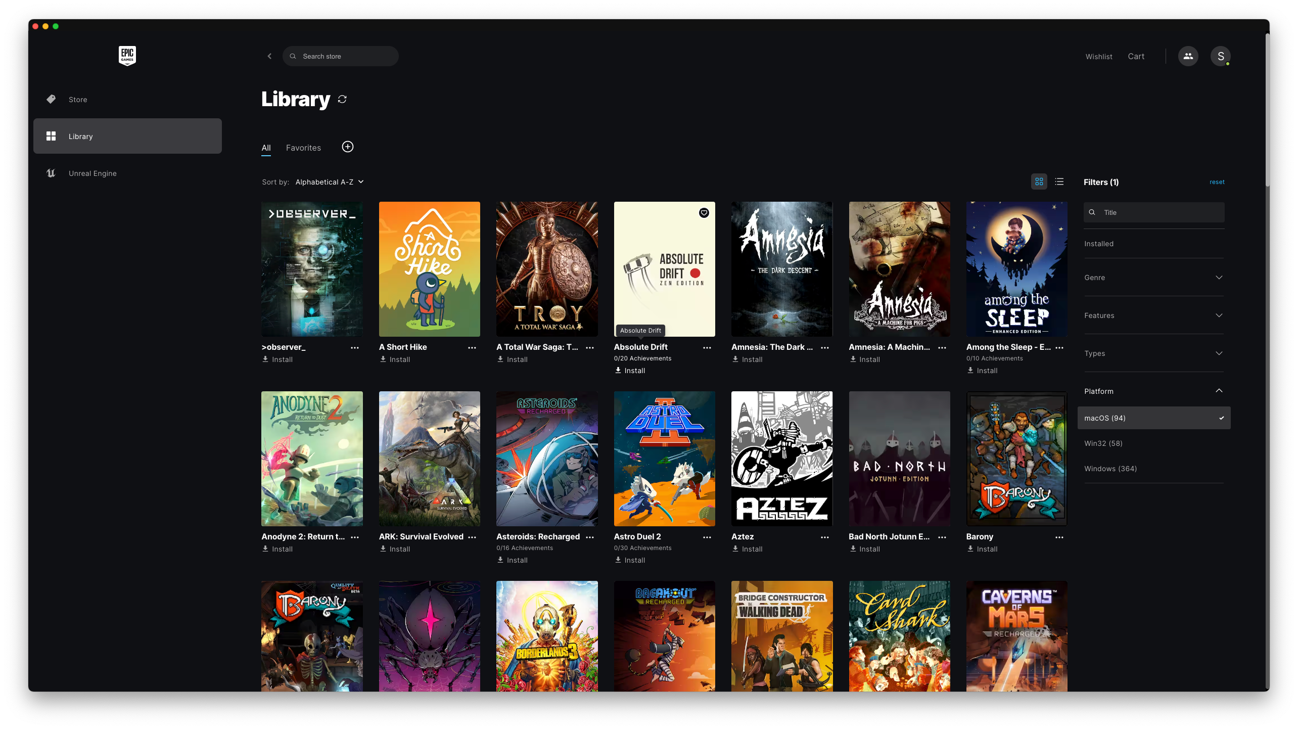 The Epic Games Store client running under Rosetta 2 in macOS.