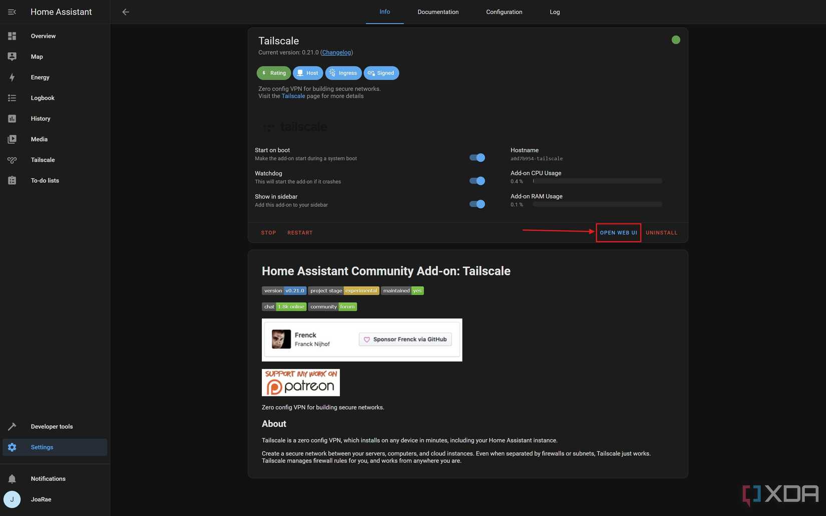 Screenshot of Tailscale settings in Home Assistant with the Open Web UI button highlighted