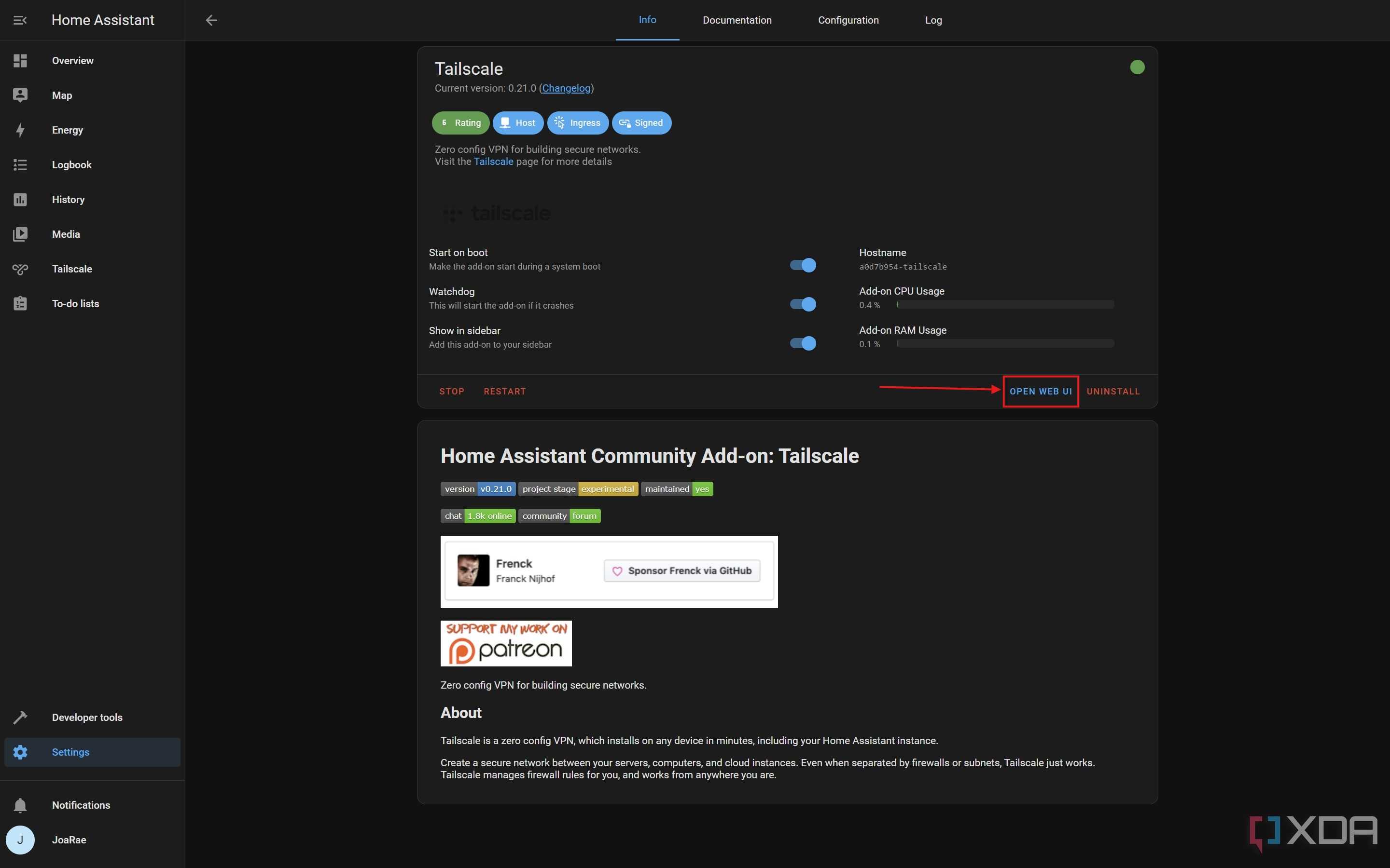 Screenshot of Tailscale settings in Home Assistant with the Open Web UI button highlighted