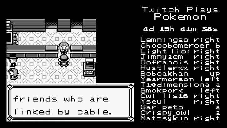 Twitch plays pokemon screenshot showing "friends that are linked by cable"