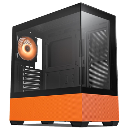 A black and orange PC case showing an RGB fan