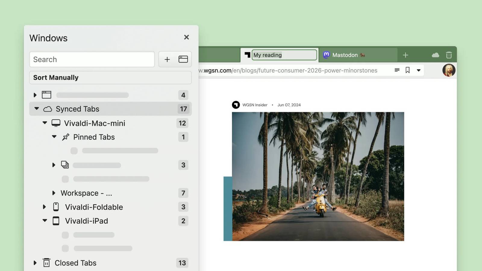 Screenshot of Vivaldi showing synced tabs and tab renaming features
