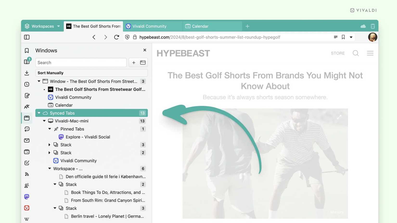 Screenshot of Vivaldi showing the synced tabs panel