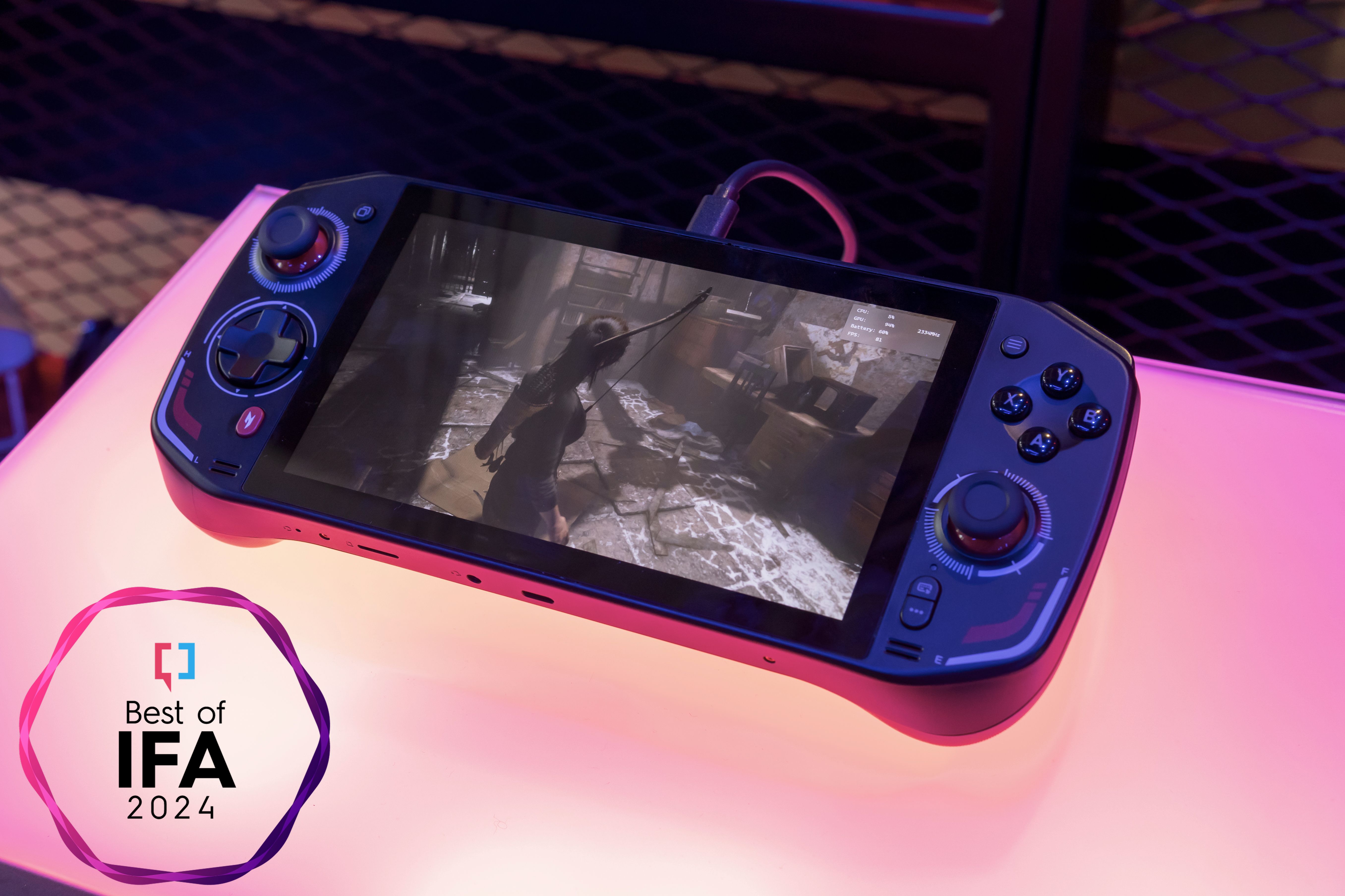 An Acer Nitro Blaze 7 playing a Tomb Raider game. A Best of IFA badge is shown next to it