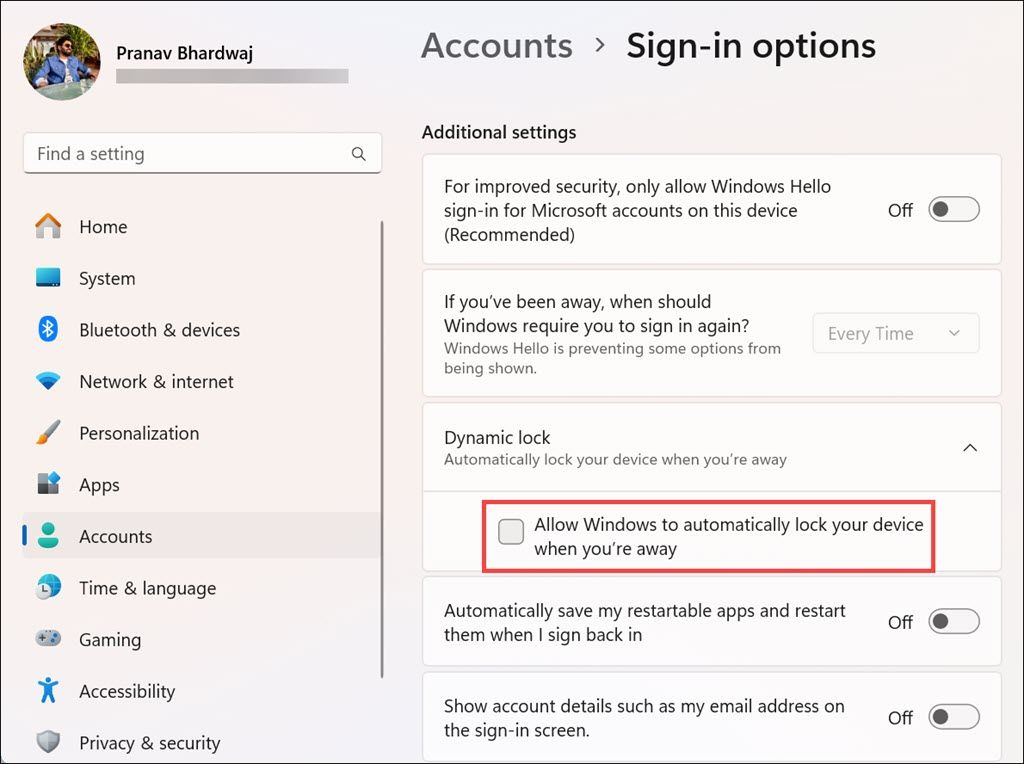 Screenshot of allowing Dynamic Lock