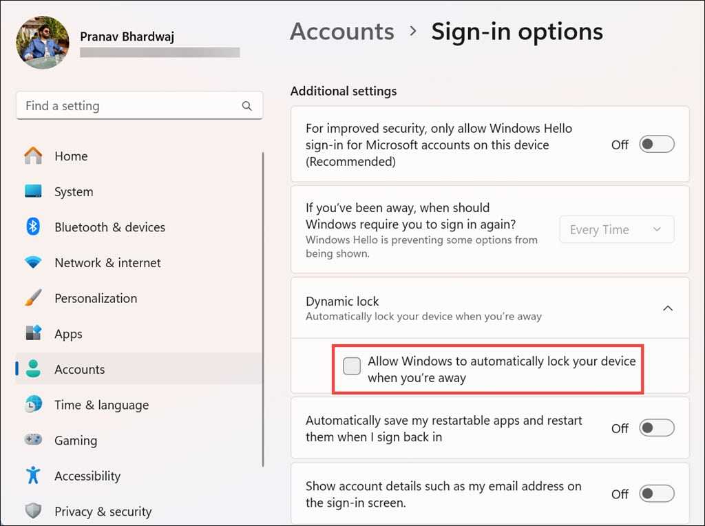 Screenshot of allowing Dynamic Lock