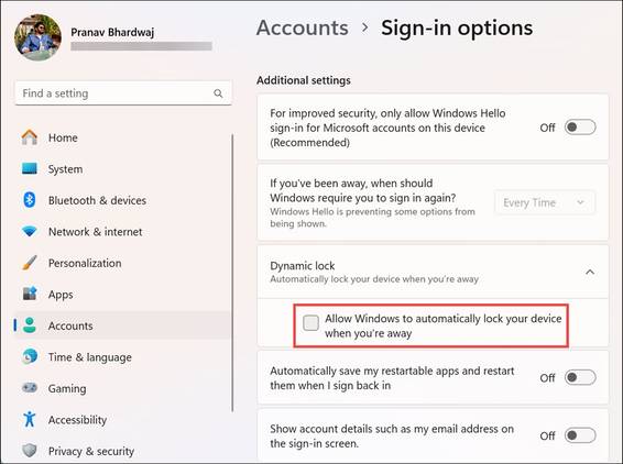 Screenshot of allowing Dynamic Lock