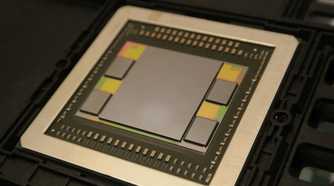 Close-up of an AMD GPU die along with HBM memory and substrate