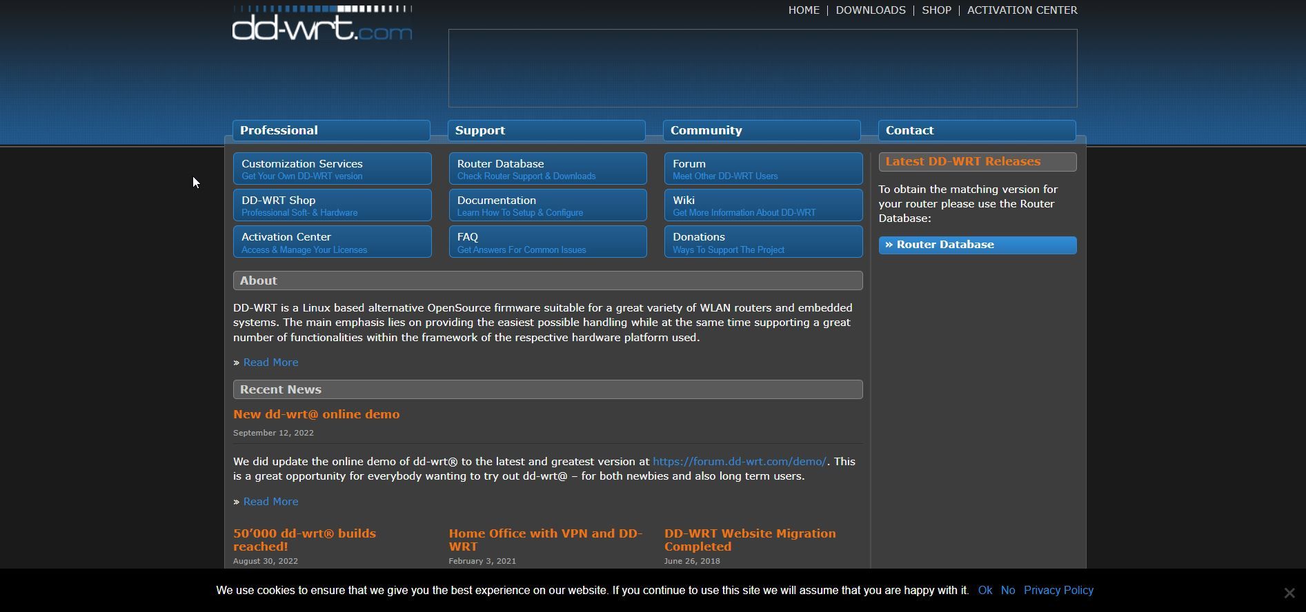 Screenshot of the homepage of the official DD-WRT website