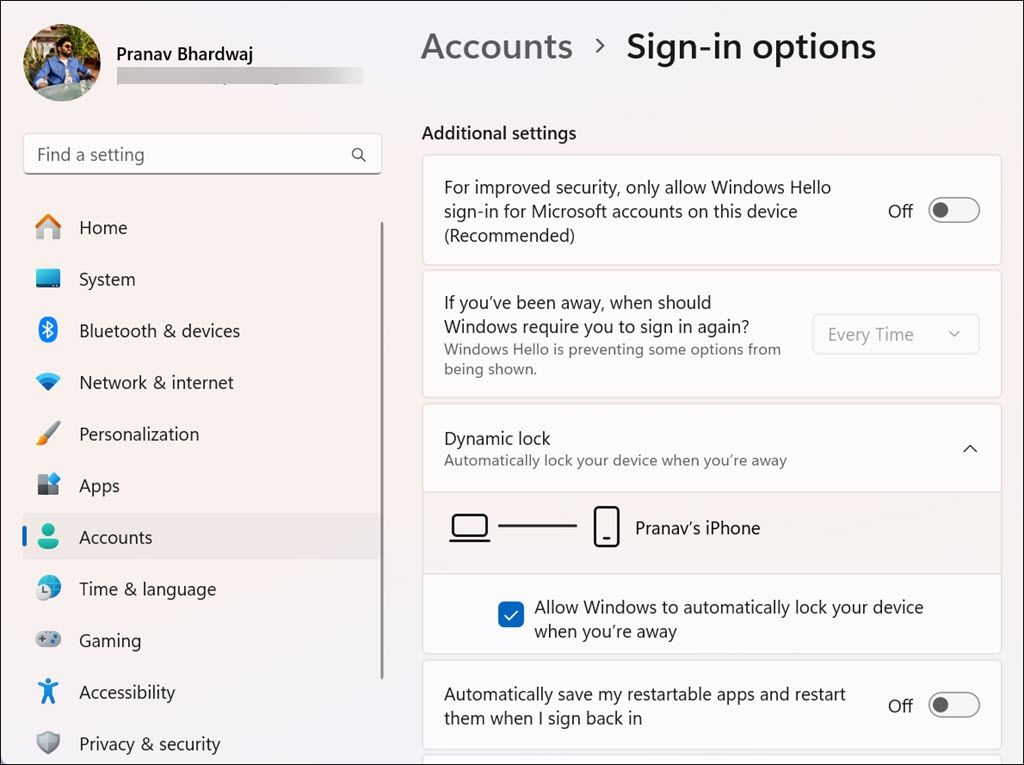 Screenshot of active Dynamic Lock