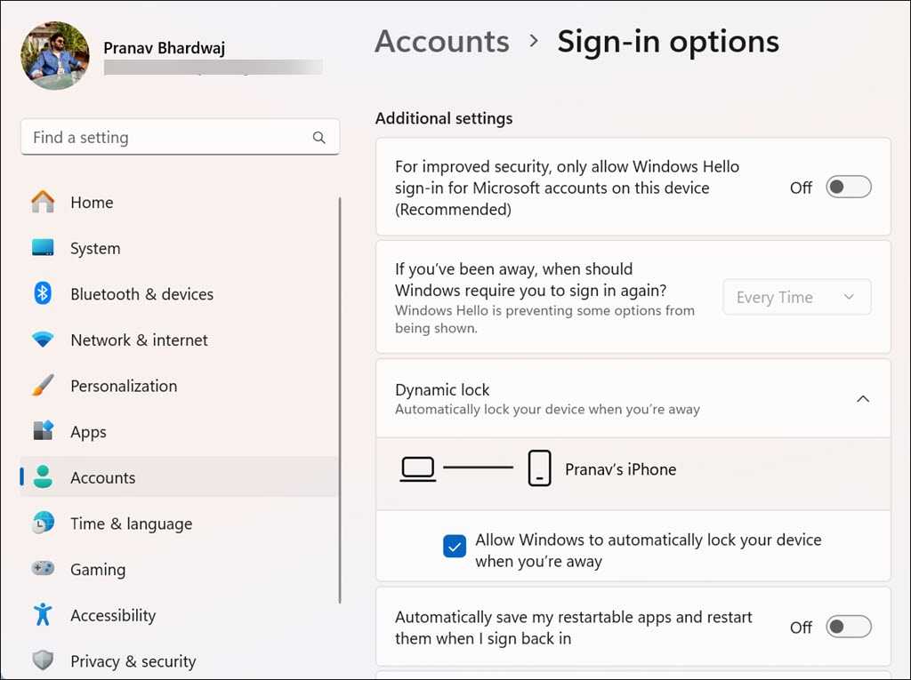 Screenshot of active Dynamic Lock