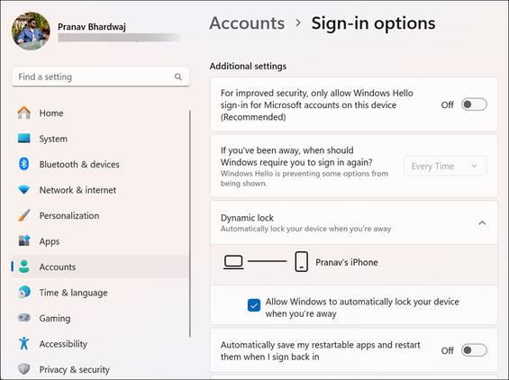 Screenshot of active Dynamic Lock