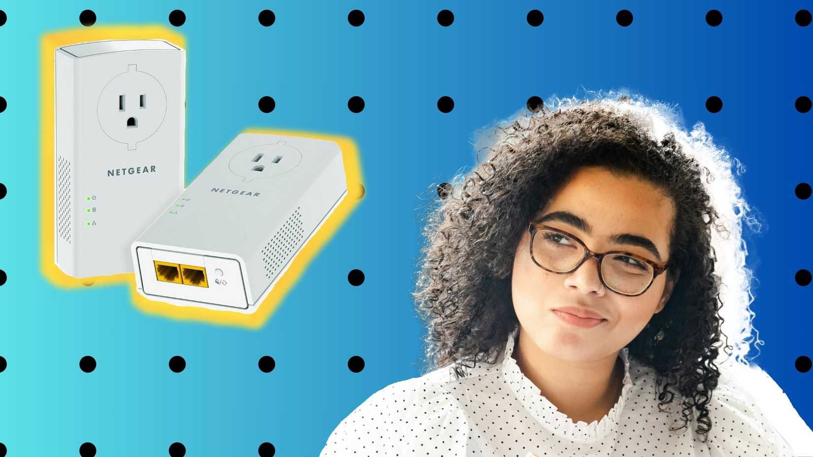 girl looking quizzically at a pair of powerline adapters