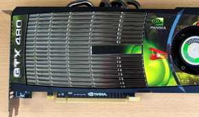 Top view of an old Nvidia graphics card on a brown surface