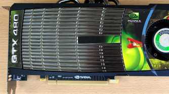 Top view of an old Nvidia graphics card on a brown surface