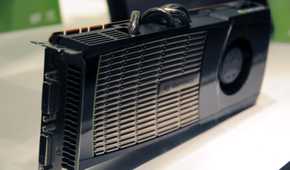Close up of an old Nvidia graphics card on a white surface