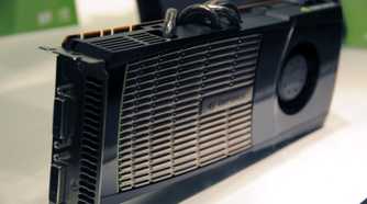 Close up of an old Nvidia graphics card on a white surface