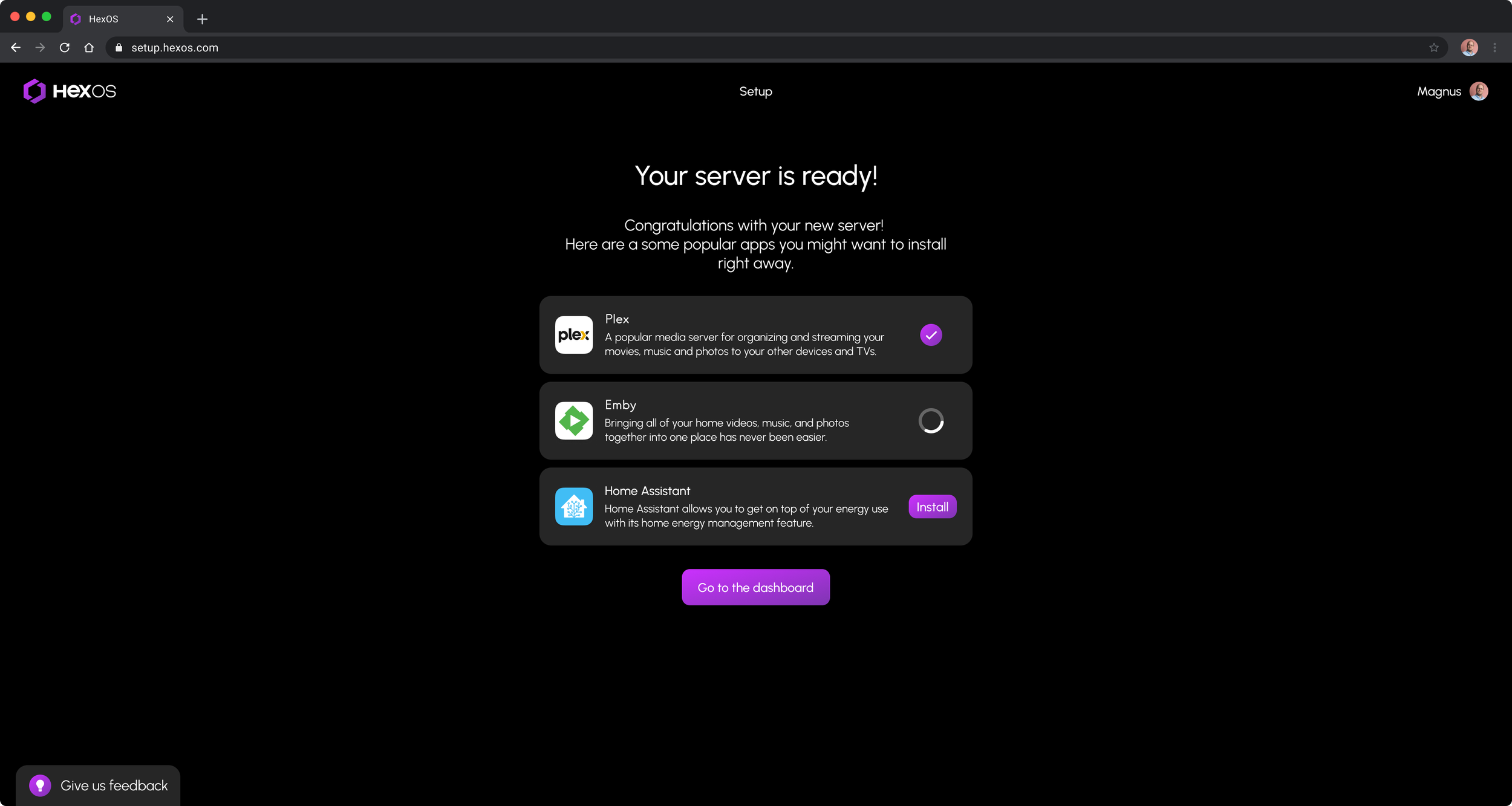 HexOS installation server ready
