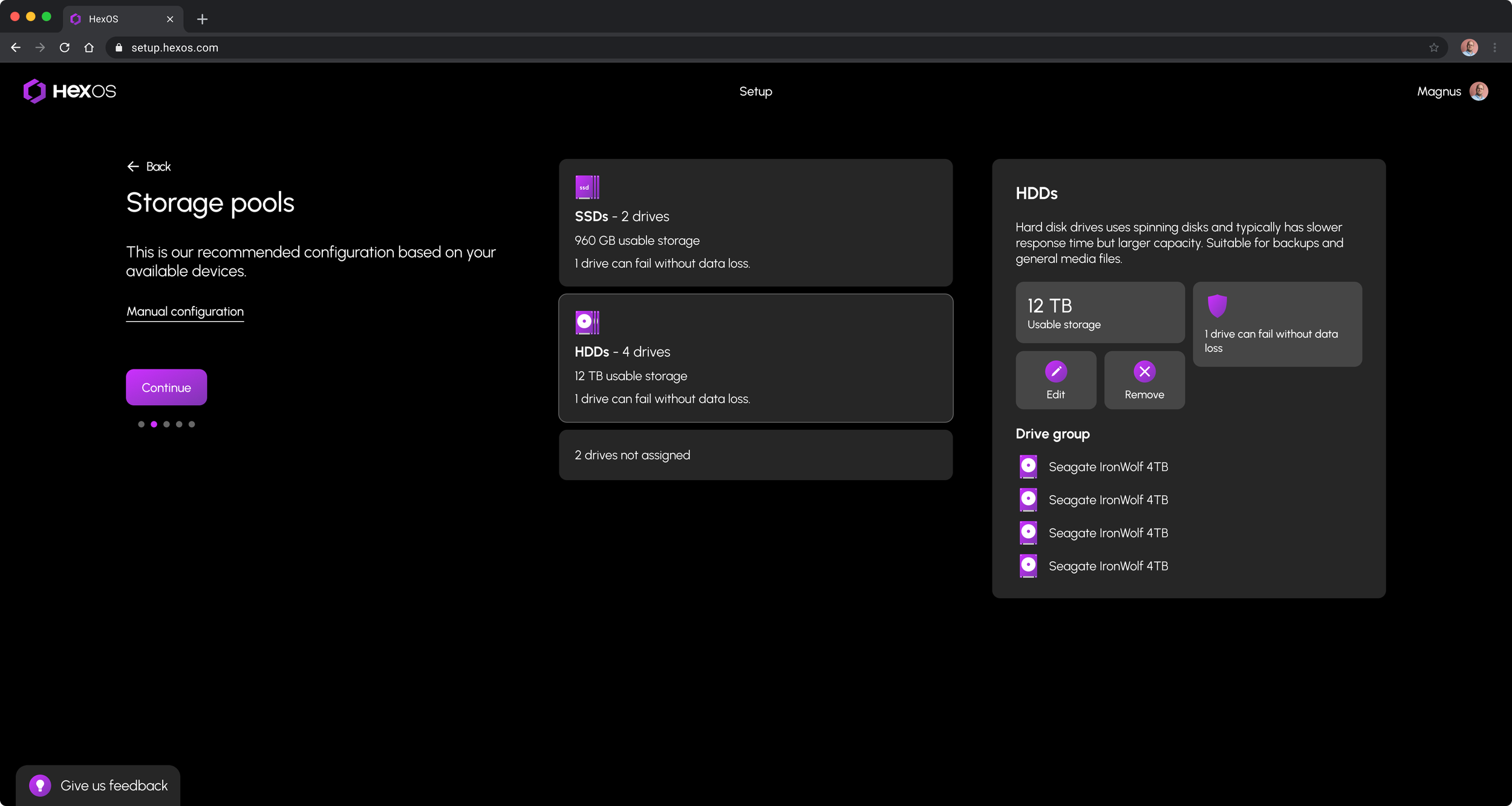 HexOS installation storage pools