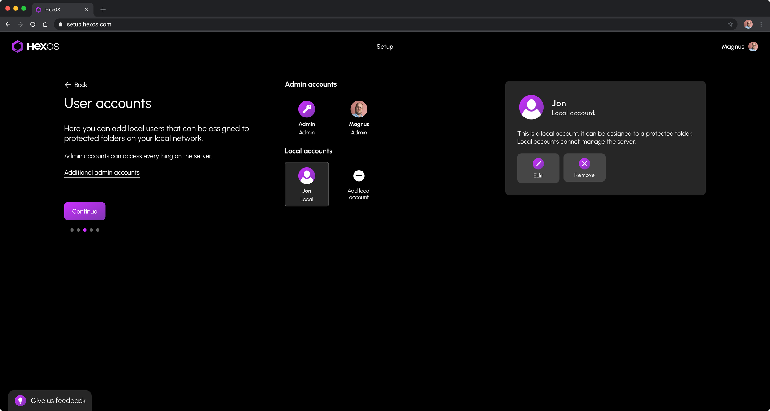 HexOS installation user accounts
