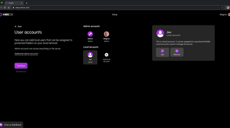 HexOS installation user accounts
