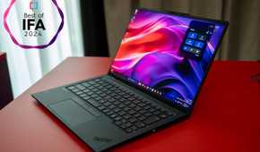 A Lenovo ThinkPad X1 Carbon Gen 13 with a Best of IFA badge next to it