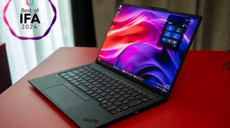 A Lenovo ThinkPad X1 Carbon Gen 13 with a Best of IFA badge next to it