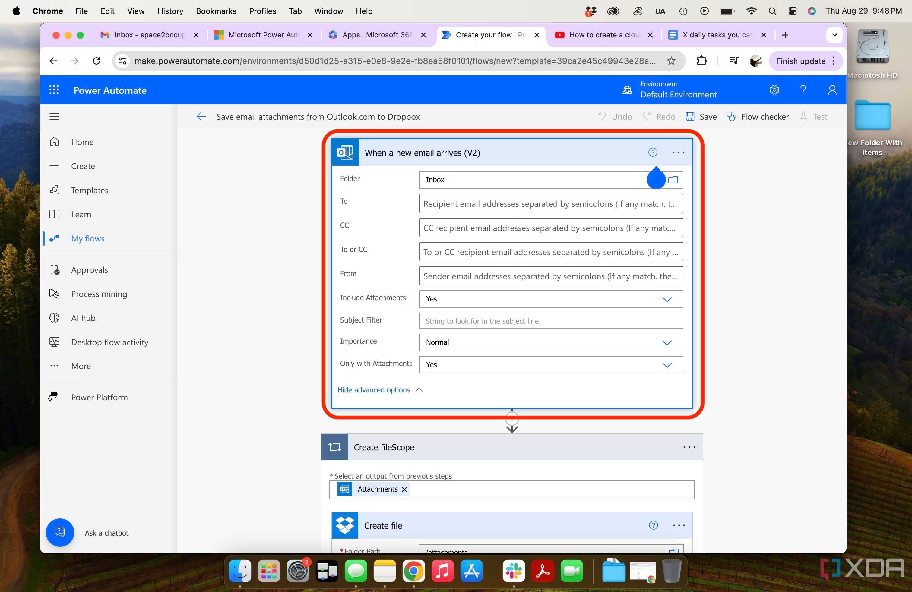 Microsoft Power Automate - create flow to download email attachments from Outlook to Dropbox with red selection